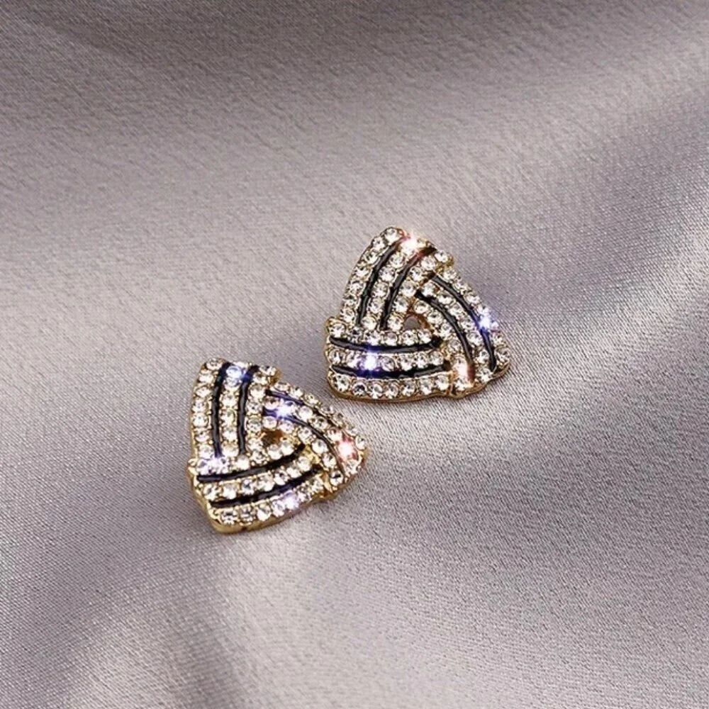 NWT 14K Gold Plated Interlocking Triangle CZ Pave Stud Earrings - Picture 8 of 12